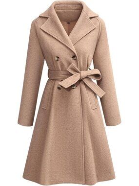 Women's Double Breasted Coat Jacket Khaki Fall Slim Long with Belt Pockets